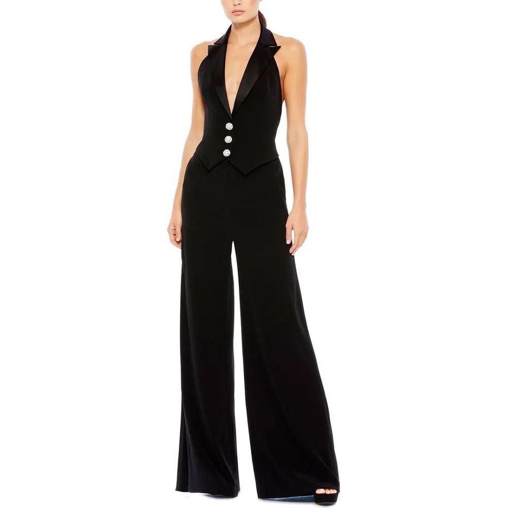 Ieena MacDuggal 2643 Tuxedo Halter Wide Leg Jumpsuit Jet Black Crystal Button